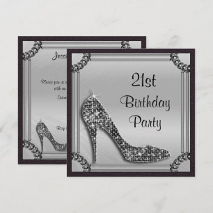 Elegant Silver Framed Black Stiletto 21st Birthday Invitation