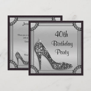 Elegant Silver Framed Black Stiletto 40th Birthday Invitation