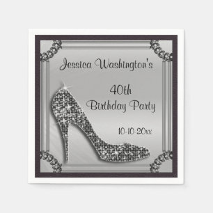 Elegant Silver Framed Black Stiletto 40th Birthday Napkin