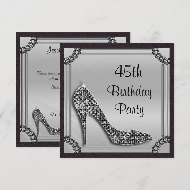 Elegant Silver Framed Black Stiletto 45th Birthday Invitation (Front/Back)