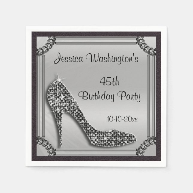 Elegant Silver Framed Black Stiletto 45th Birthday Napkin (Front)