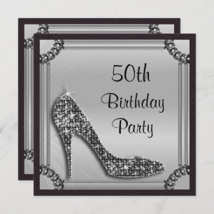 Elegant Silver Framed Black Stiletto 50th Birthday Invitation