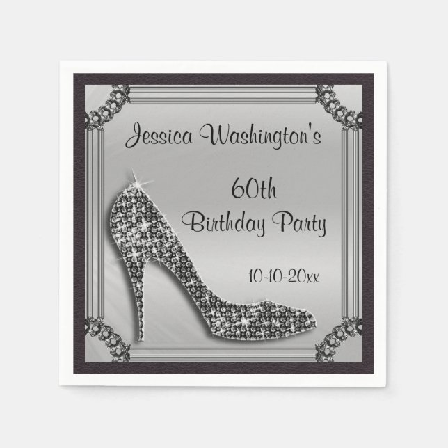 Elegant Silver Framed Black Stiletto 60th Birthday Napkin (Front)