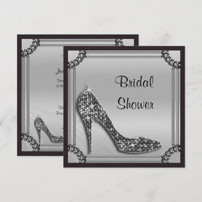 Elegant Silver Framed Black Stiletto Bridal Shower Invitation (Front/Back)