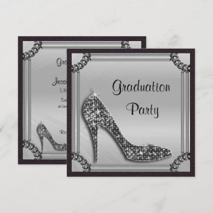 Elegant Silver Framed Black Stiletto Graduation Invitation