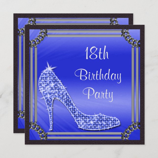 Elegant Silver Framed Blue Stiletto 18th Birthday Invitation (Front/Back)