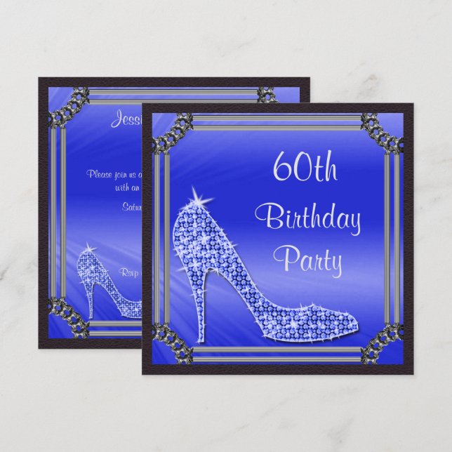 Elegant Silver Framed Blue Stiletto 60th Birthday Invitation (Front/Back)