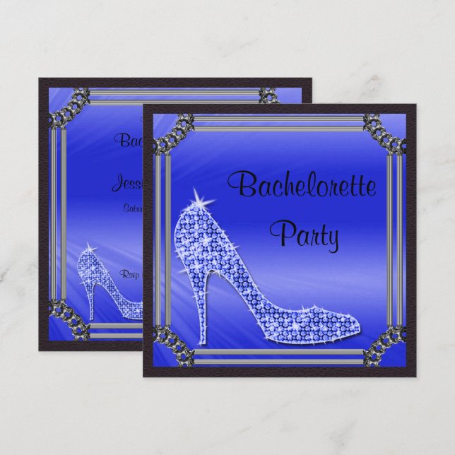 Elegant Silver Framed Blue Stiletto Bachrlorette Invitation (Front/Back)