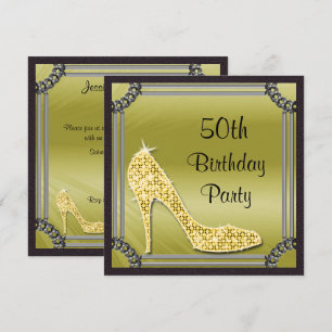 Elegant Silver Framed Gold Stiletto 50th Birthday Invitation