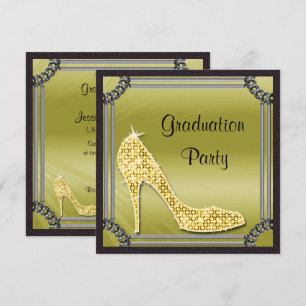 Elegant Silver Framed Gold Stiletto Graduation Invitation