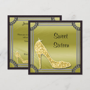 Elegant Silver Framed Gold Stiletto Sweet 16 Invitation