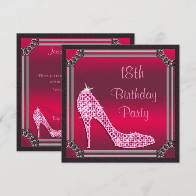 Elegant Silver Framed Pink Stiletto 18th Birthday Invitation (Front/Back)