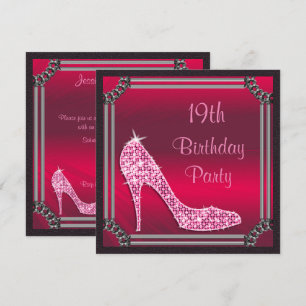 Elegant Silver Framed Pink Stiletto 19th Birthday Invitation