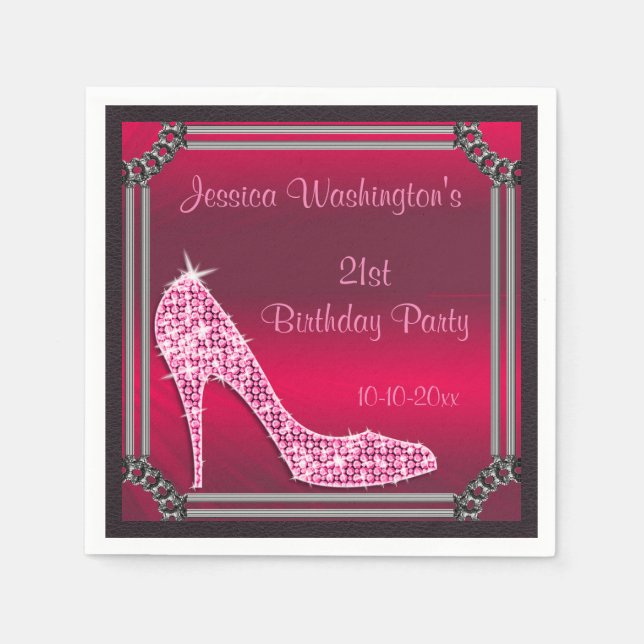 Elegant Silver Framed Pink Stiletto 21st Birthday Napkin (Front)