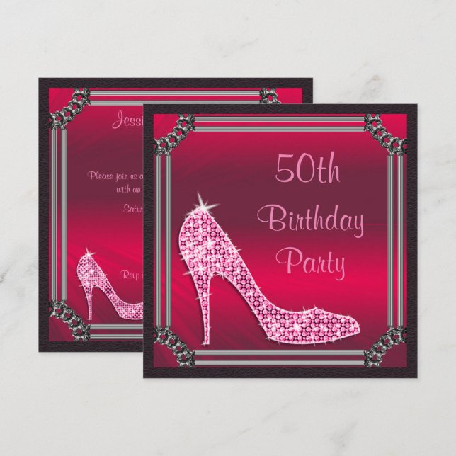 Elegant Silver Framed Pink Stiletto 50th Birthday Invitation (Front/Back)