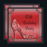 Elegant Silver Framed Red Stiletto 18th Birthday Invitation<br><div class="desc">Beautiful, elegant 18th Birthday party invitations for women and girl's. The front of this template has a pretty bling, rhinestone jewels diamond stiletto / high heel shoe, on a pretty gradient red background with a stunning silver frame, all printed on a black leather texture background. The reverse has the same...</div>