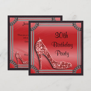 Elegant Silver Framed Red Stiletto 30th Birthday Invitation