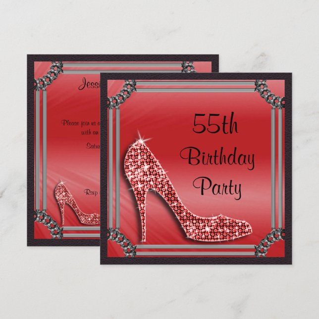 Elegant Silver Framed Red Stiletto 55th Birthday Invitation (Front/Back)