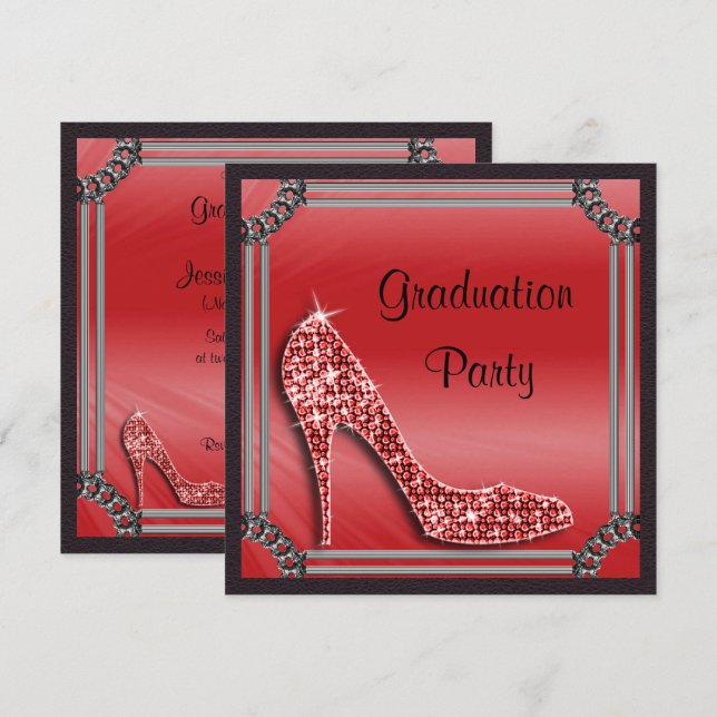 Elegant Silver Framed Red Stiletto Graduation Invitation (Front/Back)