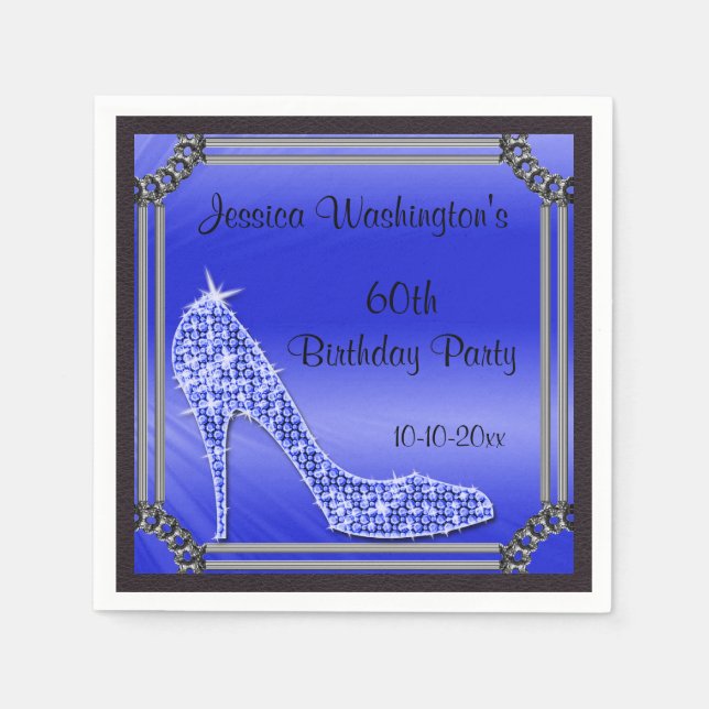 Elegant Silver Framed Stiletto Blue 60th Birthday Napkin (Front)