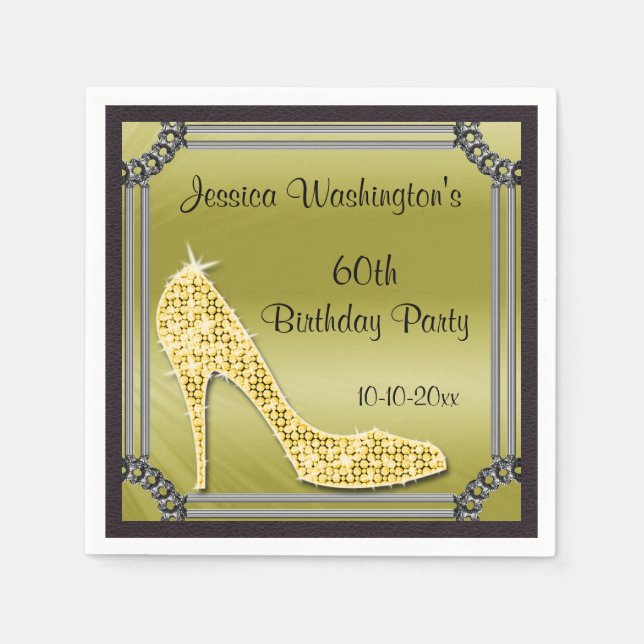 Elegant Silver Framed Stiletto Gold 60th Birthday Napkin (Front)