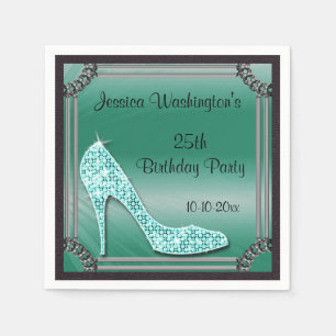 Elegant Silver Framed Stiletto Teal 25th Birthday Napkin