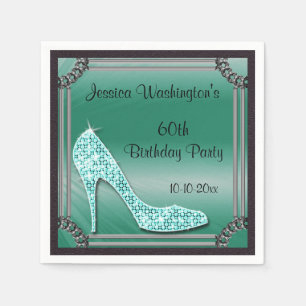 Elegant Silver Framed Stiletto Teal 60th Birthday Napkin