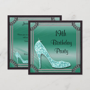 Elegant Silver Framed Teal Stiletto 19th Birthday Invitation