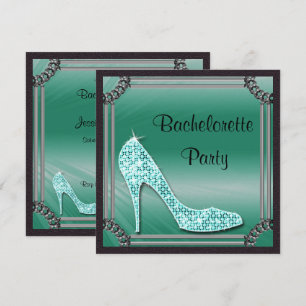 Elegant Silver Framed Teal Stiletto Bachrlorette Invitation