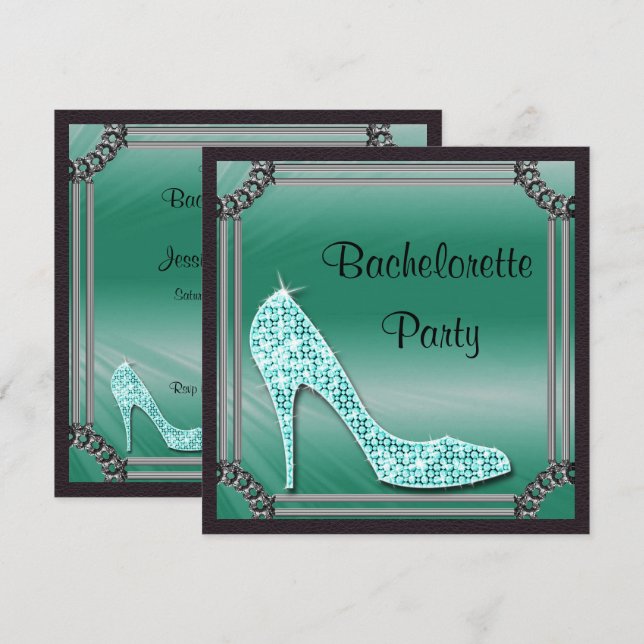 Elegant Silver Framed Teal Stiletto Bachrlorette Invitation (Front/Back)