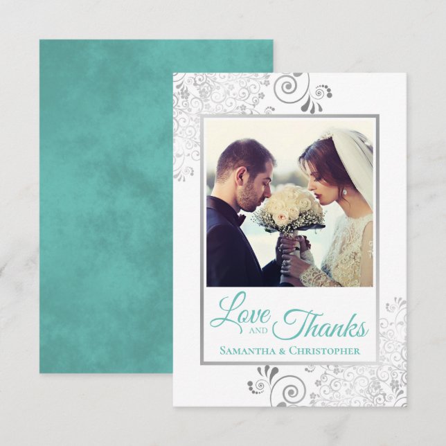 Elegant Silver Frills & Aqua Love & Thanks Wedding Thank You Card (Front/Back)