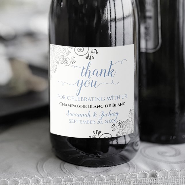 Elegant Silver Frills Blue White Wedding Thank You Sparkling Wine Label (Creator Uploaded)
