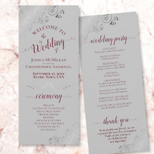 Elegant Silver Frills Burgundy on Grey Wedding Programme