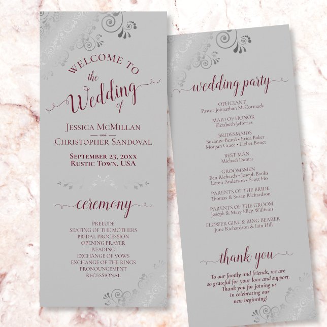 Elegant Silver Frills Burgundy on Grey Wedding Programme (Creator Uploaded)