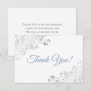 Elegant Silver Frills Dusty Blue on White Wedding Thank You Card