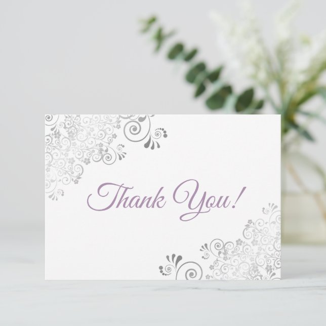 Elegant Silver Frills Lavender on White Wedding Thank You Card (Standing Front)