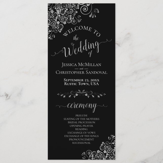 Elegant Silver Frills on Black Simple Wedding Programme (Front)