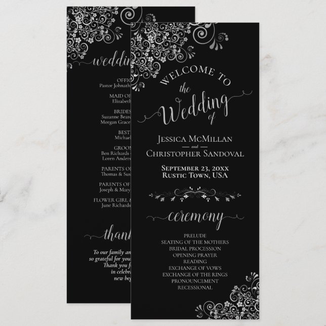 Elegant Silver Frills on Black Simple Wedding Programme (Front/Back)