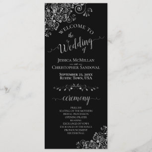 Elegant Silver Frills on Black Simple Wedding Programme