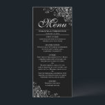 Elegant Silver Frills on Black Wedding Menu<br><div class="desc">This beautiful menu will add some style to your wedding reception. It features a beautiful design with ornate silver grey faux foil curls and swirls on a classic black background. There is space for the names of the couple and wedding date, and the text is fully customisable. Elegant, classy, and...</div>