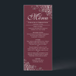 Elegant Silver Frills on Burgundy Maroon Wedding Menu<br><div class="desc">This beautiful menu will add some style to your wedding reception. It features a beautiful design with ornate silver grey faux foil curls and swirls on a burgundy or maroon coloured background. There is space for the names of the couple and wedding date, and the text is fully customisable. Elegant,...</div>