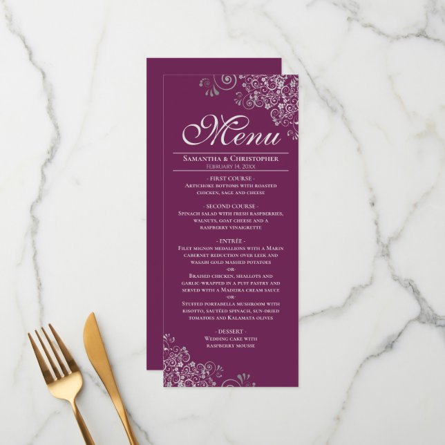 Elegant Silver Frills on Magenta or Berry Wedding Menu (Front/Back In Situ)