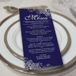 Elegant Silver Frills on Navy Blue Wedding Menu<br><div class="desc">This beautiful menu will add some style to your wedding reception. It features a beautiful design with ornate silver grey faux foil curls and swirls on a navy blue background. There is space for the names of the couple and wedding date, and the text is fully customisable. Elegant, classy, and...</div>