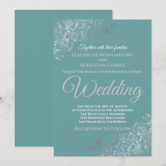Elegant Silver Frills Teal Wedding Invitation (Front/Back)