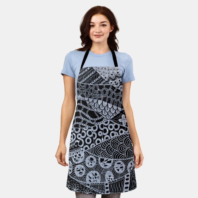 Elegant Silver Geometric Abstract Tribal Pattern Apron (Worn)