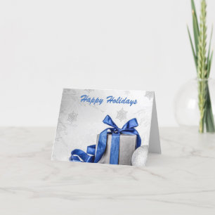 Elegant Silver Gift With Blue Ribbon Silver Snow Holiday Card