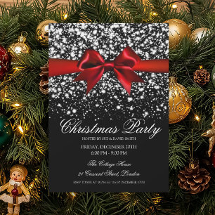 Elegant Silver Glam Red Bow Christmas Party Invitation