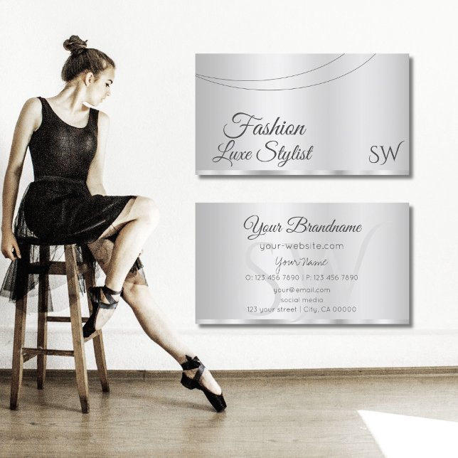 Elegant Silver Glamourous with Initials Stylish Business Card (Creator Uploaded)