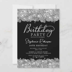 Elegant Silver Glitter and Black 30th Birthday Invitation
