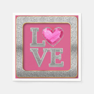  Elegant Silver Glitter and Pink Heart Jewel Paper Napkin